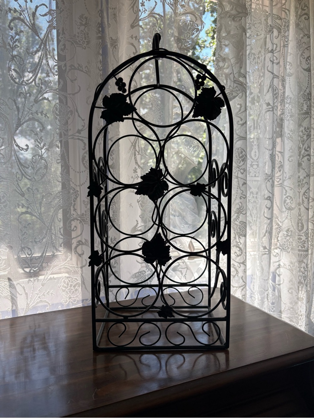 Decorative Metal Wine Rack with Leaf Motif - Black